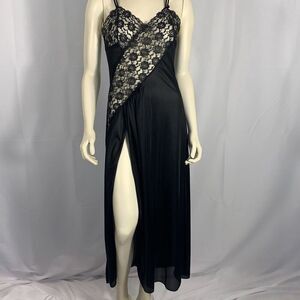 Vintage 70's Black Lingerie Slip Dress Maxi Long Dress High Slit See through Wai